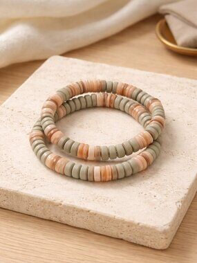 Set of 2 Heishi Beaded Bracelets in Tan, Peach and Cream Colors - NEW